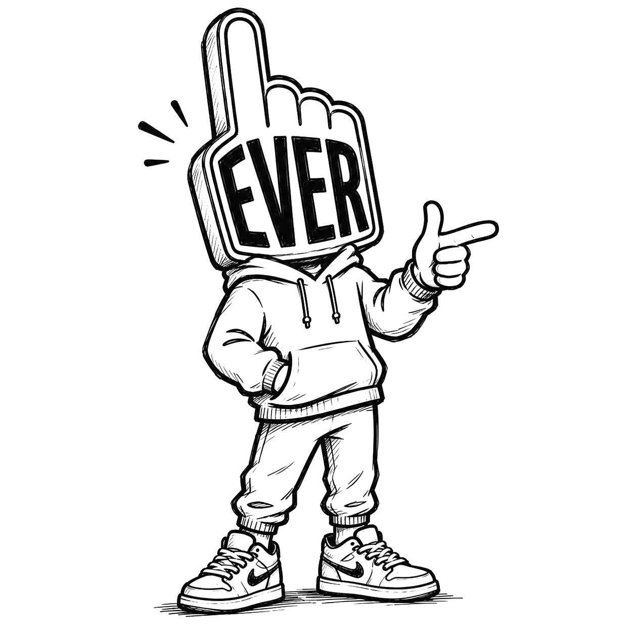 Ever mascot character with a foam finger head that reads EVER, pointing to the side